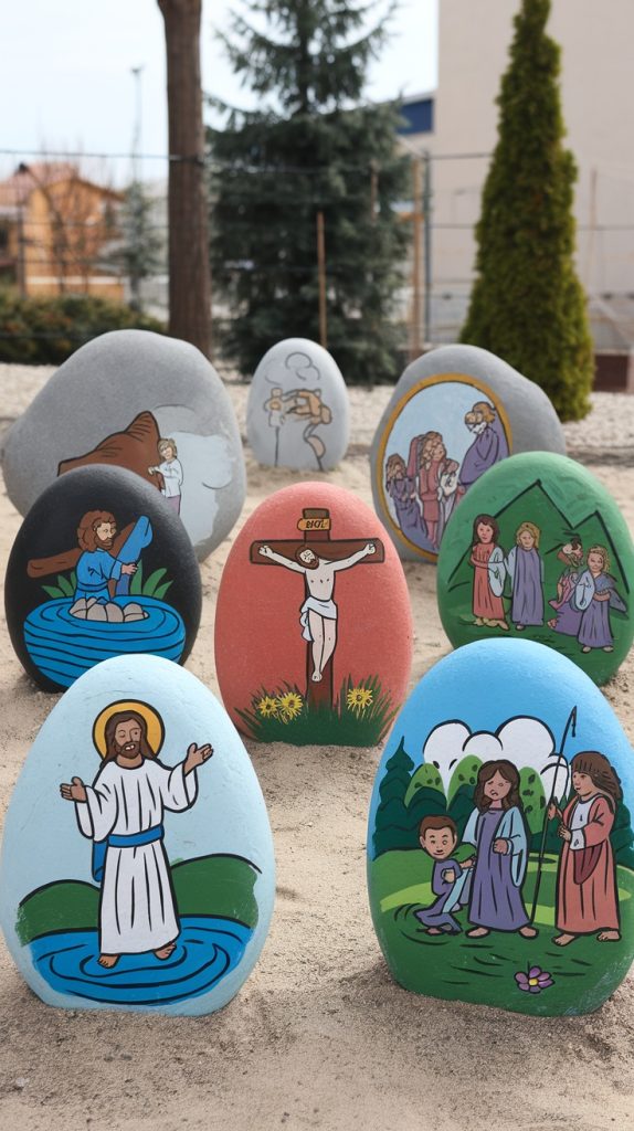Colorful Easter Story Stones featuring scenes from the Bible in a playful outdoor setting.