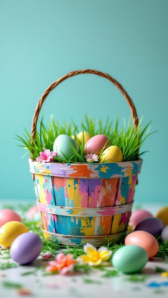 Colorful paper mache basket filled with pastel colored eggs and flowers