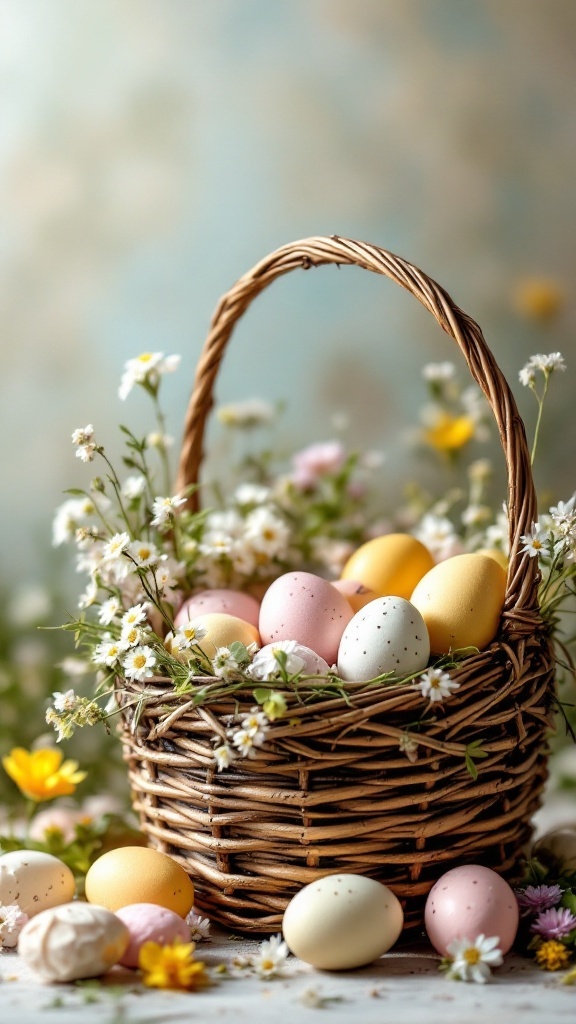 A woven basket filled with pastel-colored eggs and flowers, surrounded by more eggs and flowers.